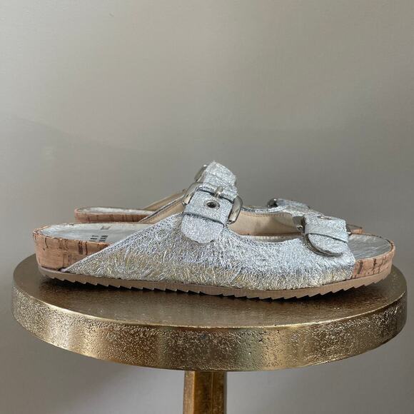 Stuart Weitzman Metallic Silver Leather Sandals | 6.5, Rare Birkinstock Style - Picture 3 of 9